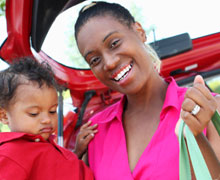 Mom and kiddo standing outside of a car